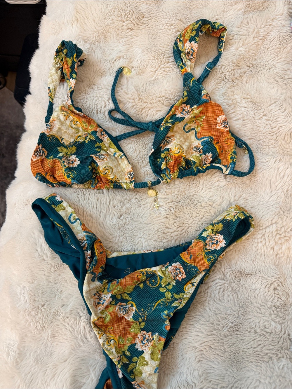 Teal & Orange Floral Tie-Back Bikini Set